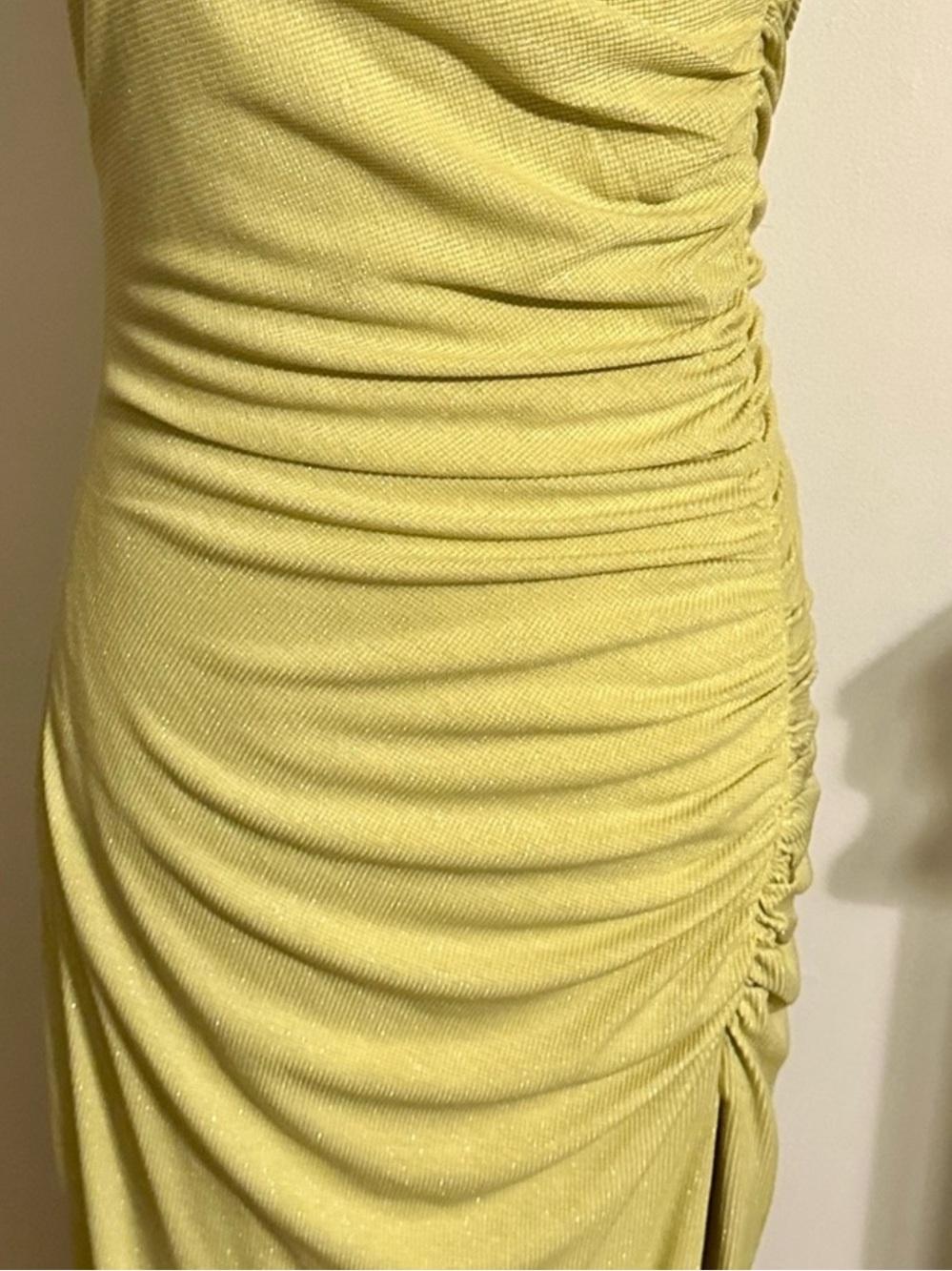 ✨ Saylor Lime Yellow Ruched Feather Hem Maxi Dress ✨ - Picture 5 of 7